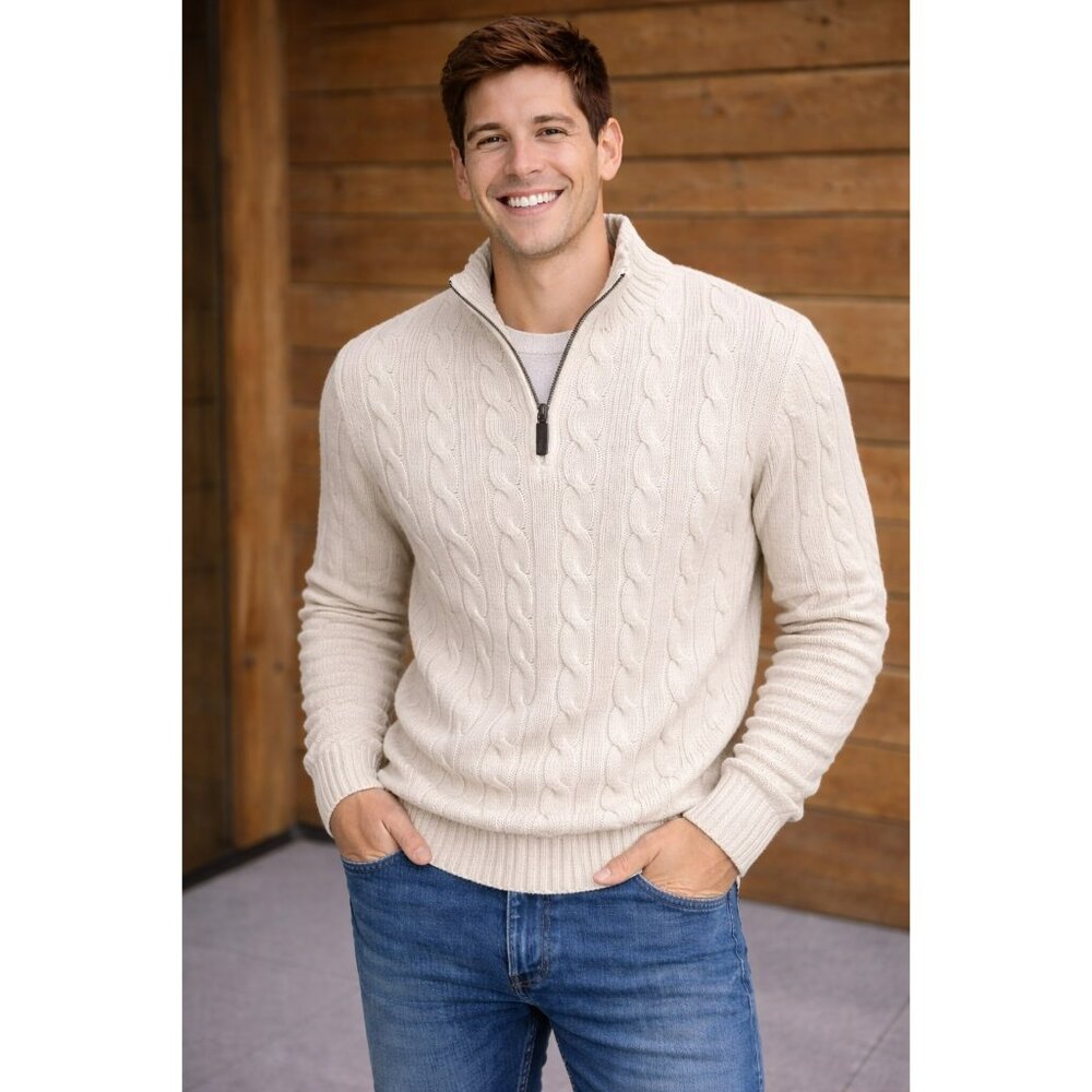 Polo Ralph Lauren Cable Knit Half-Zip Sweater Mens Large Ivory Lambswool